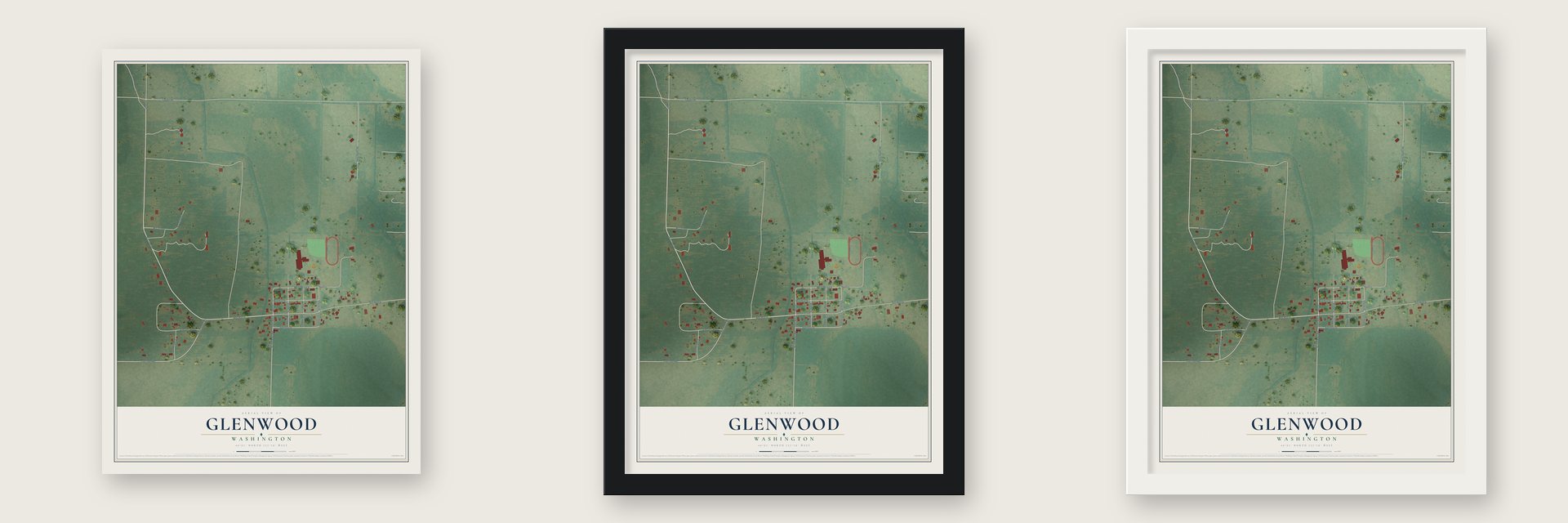 Glenwood, Washington map unframed, in a black wood frame and in a white wood frame