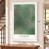 Glenwood, Washington map, 24 x 36 inch print in a white frame by a staircase