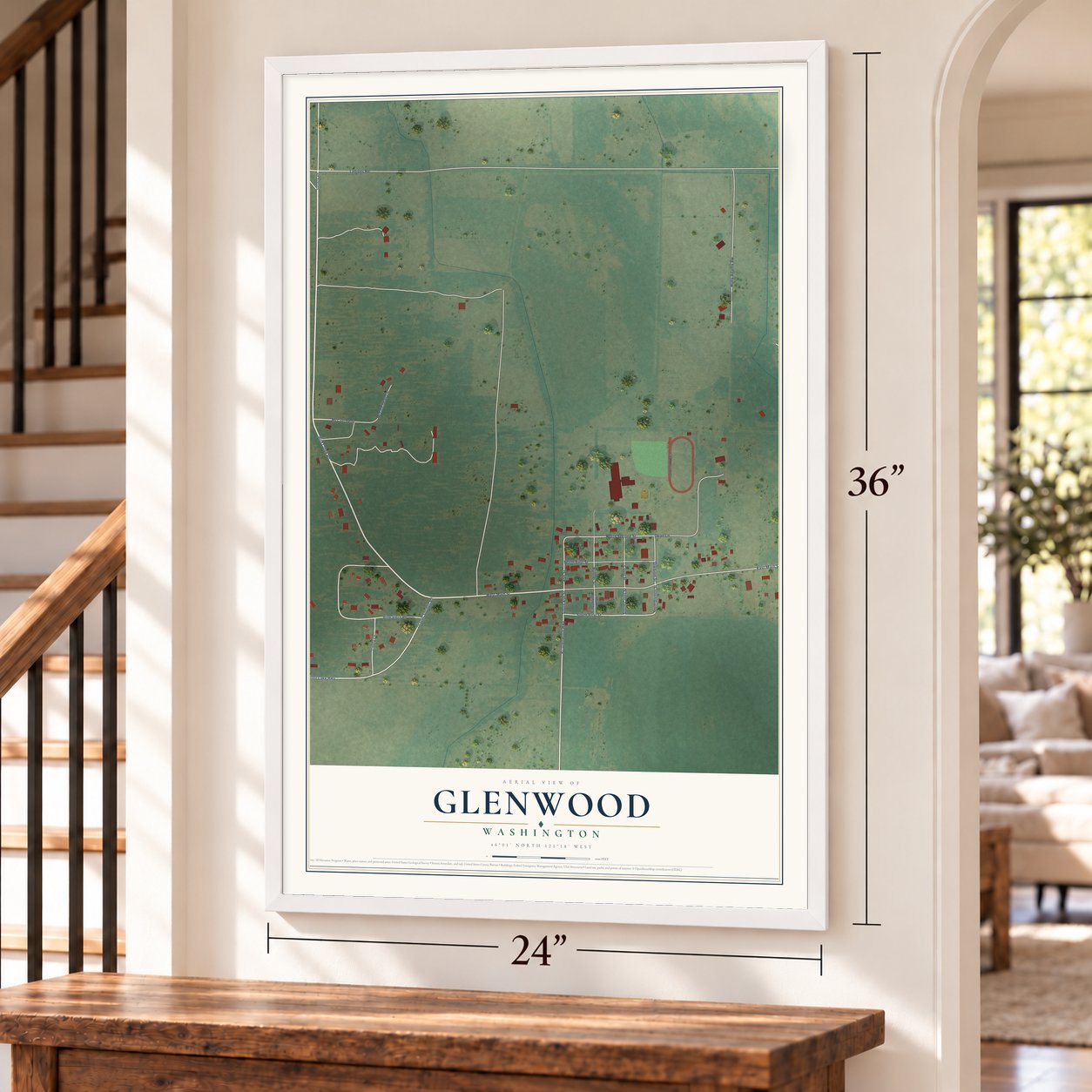 Glenwood, Washington map, 24 x 36 inch print in a white frame by a staircase