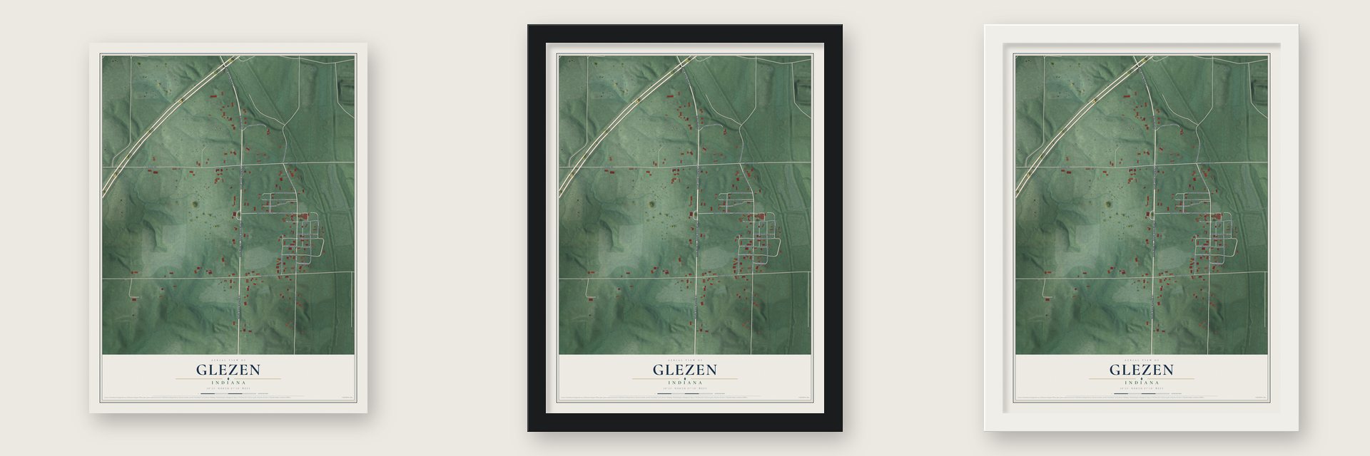 Glezen, Indiana map unframed, in a black wood frame and in a white wood frame