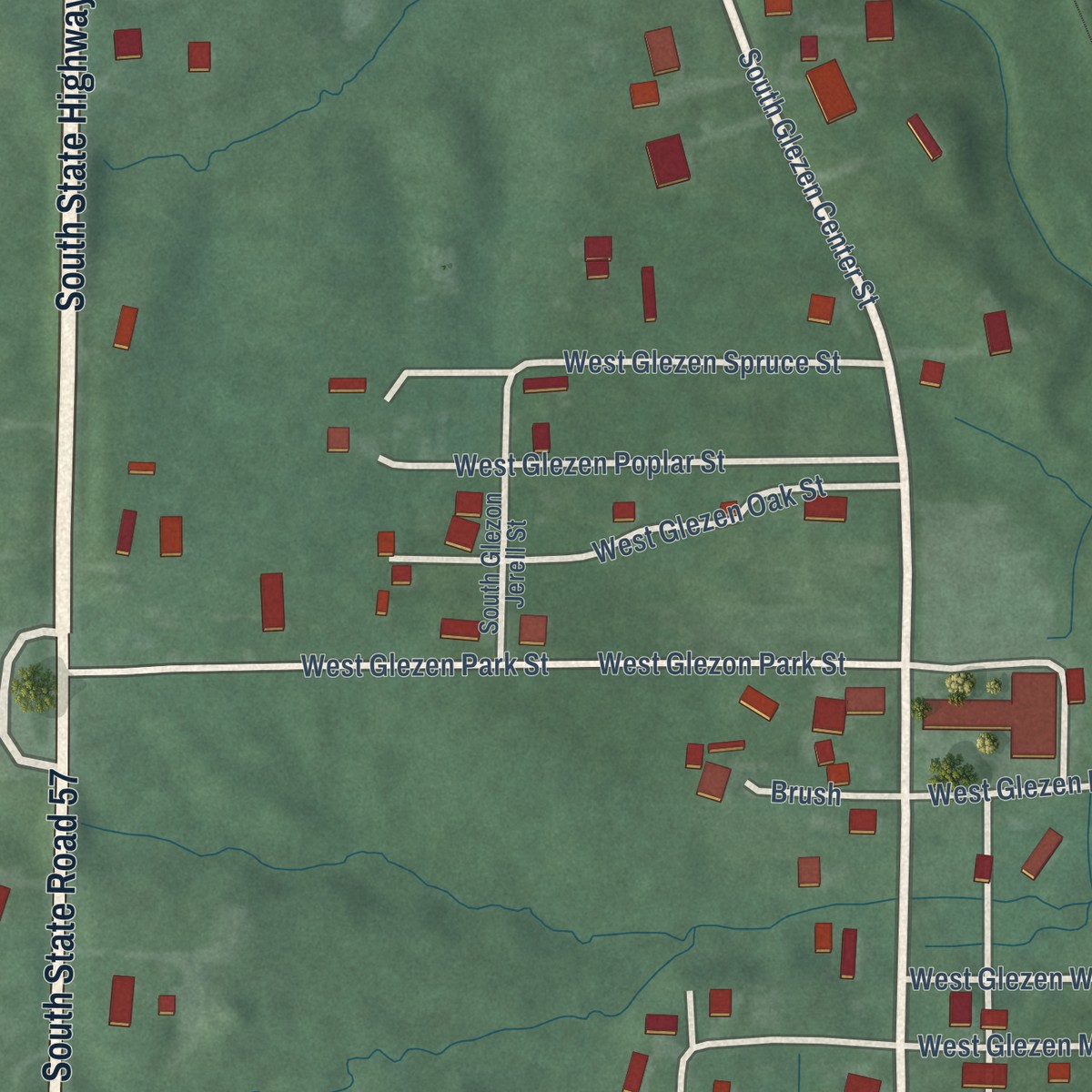Second close-up of the map of Glezen, Indiana print showing more streets and buildings