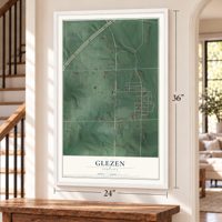 Glezen, Indiana map, 24 x 36 inch print in a white frame by a staircase