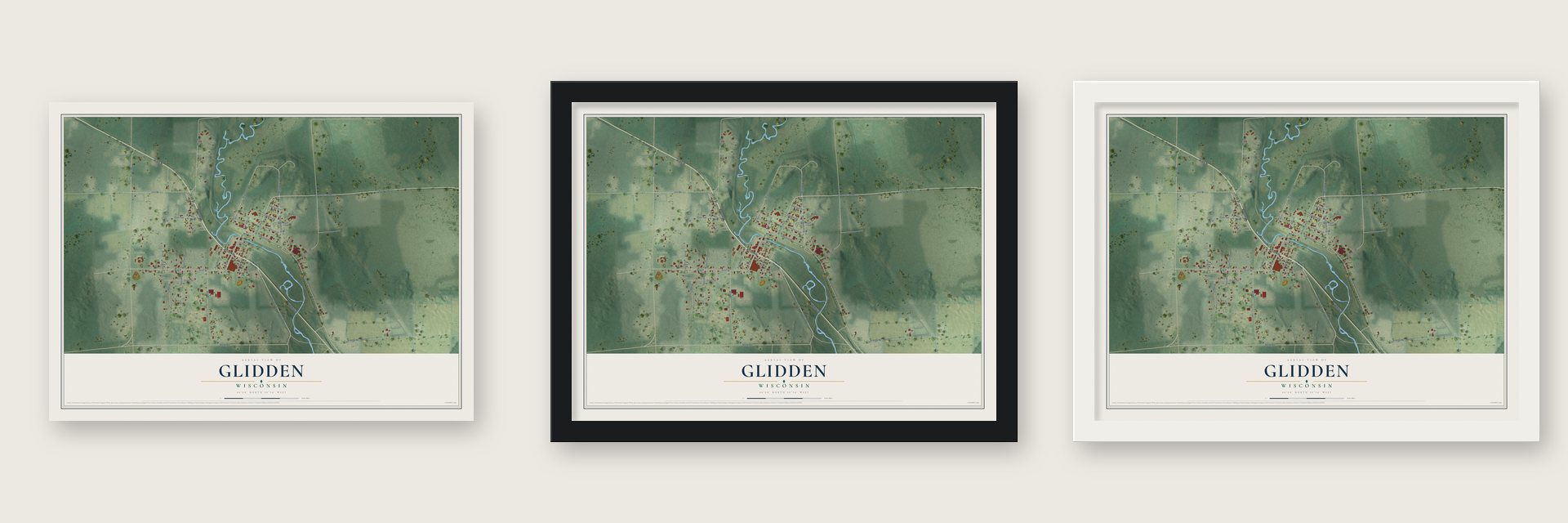 Glidden, Wisconsin map unframed, in a black wood frame and in a white wood frame