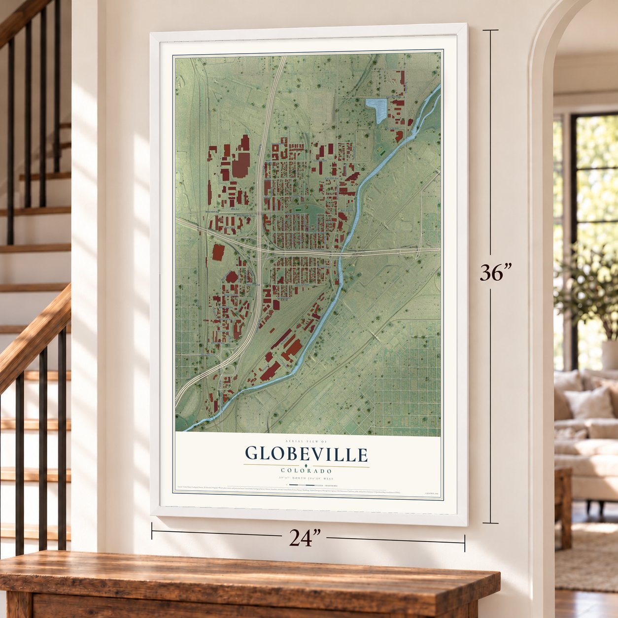 Globeville, Colorado map, 24 x 36 inch print in a white frame by a staircase