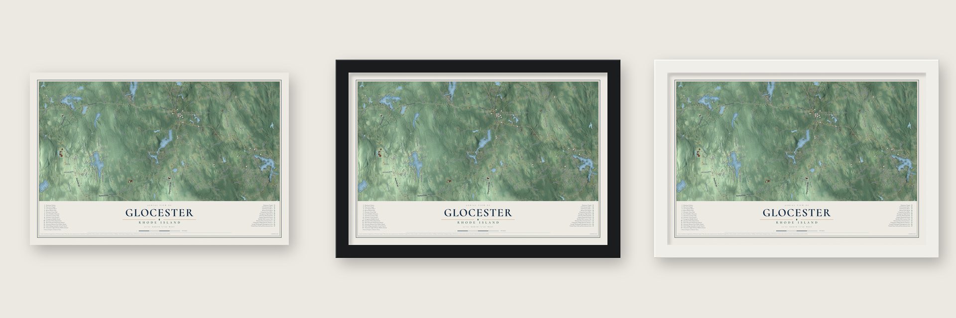 Glocester, Rhode Island map unframed, in a black wood frame and in a white wood frame