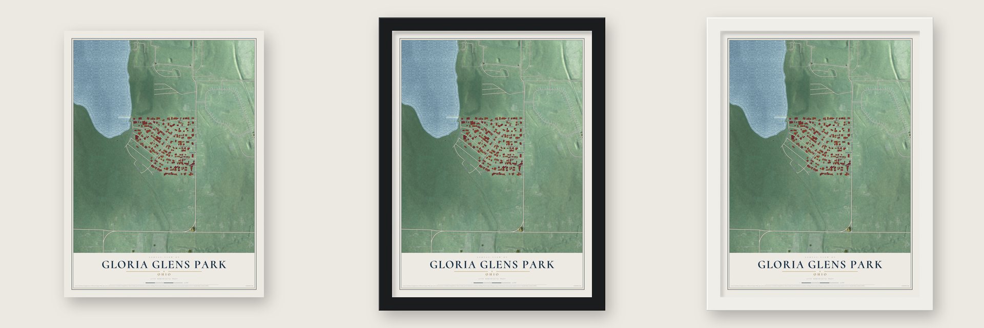 Gloria Glens Park, Ohio map unframed, in a black wood frame and in a white wood frame