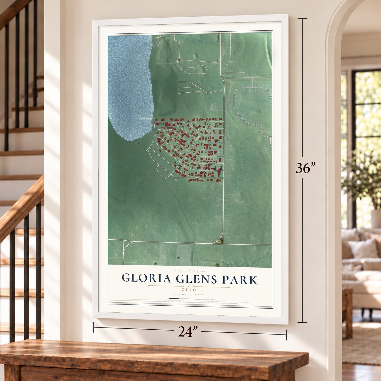 Gloria Glens Park, Ohio map, 24 x 36 inch print in a white frame by a staircase