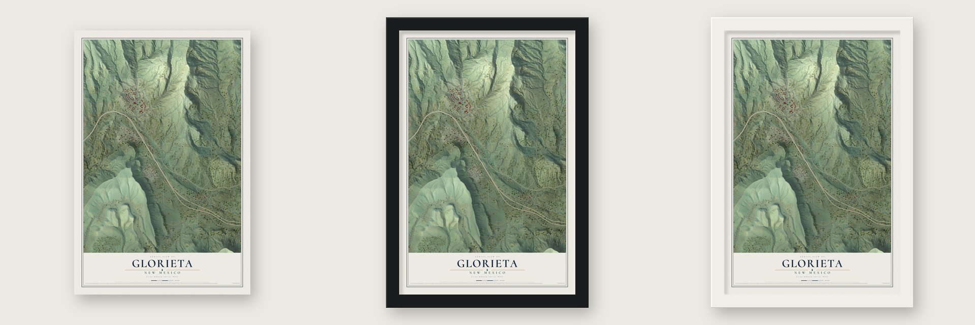 Glorieta, New Mexico map unframed, in a black wood frame and in a white wood frame
