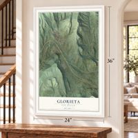 Glorieta, New Mexico map, 24 x 36 inch print in a white frame by a staircase