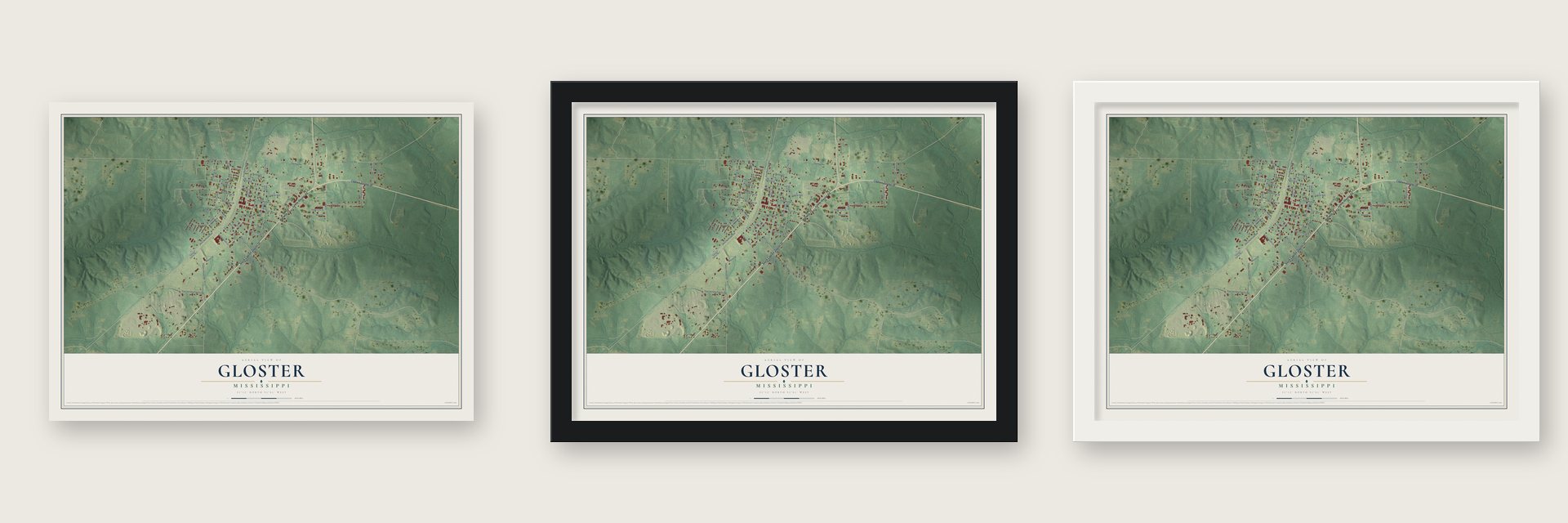 Gloster, Mississippi map unframed, in a black wood frame and in a white wood frame