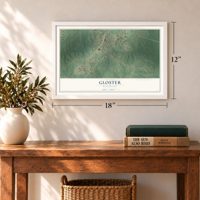 Gloster, Mississippi map, 12 x 18 inch print in a white frame in an entryway
