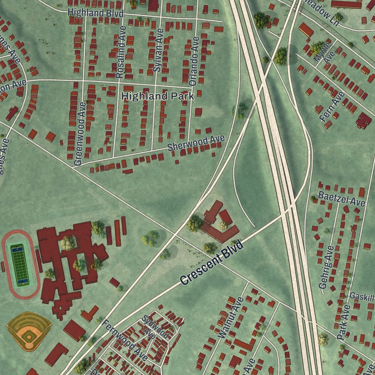 Second close-up of the map of Gloucester City, New Jersey print showing more streets and buildings