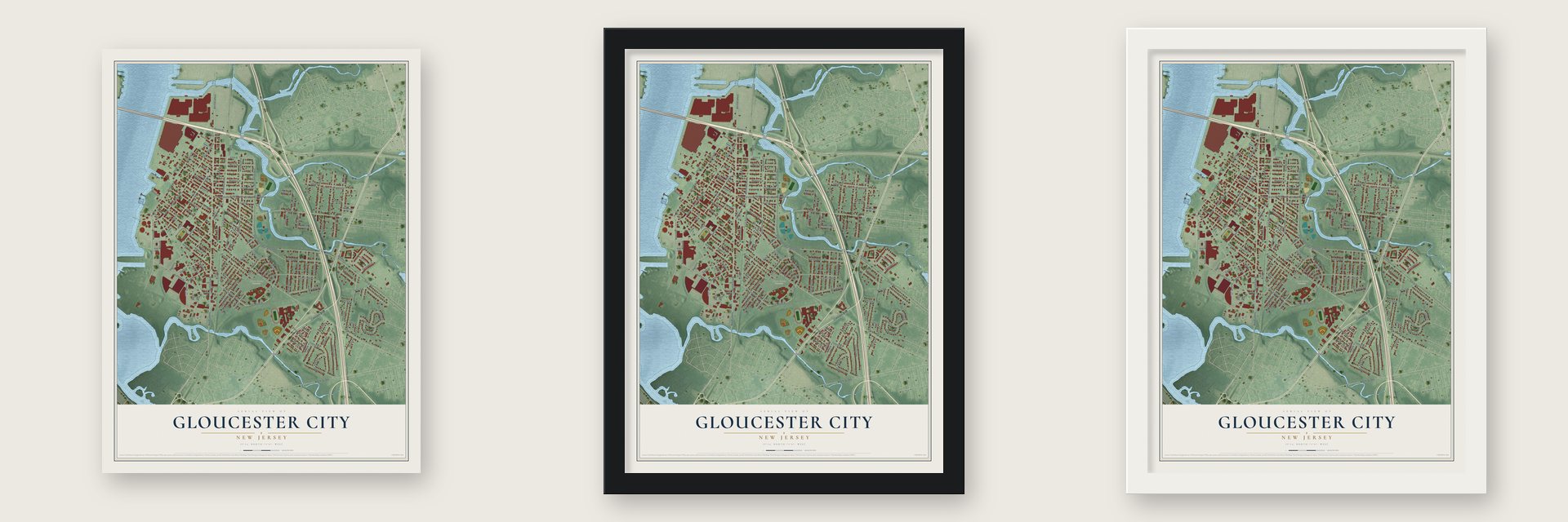 Gloucester City, New Jersey map unframed, in a black wood frame and in a white wood frame