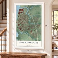 Gloucester City, New Jersey map, 24 x 36 inch print in a white frame by a staircase