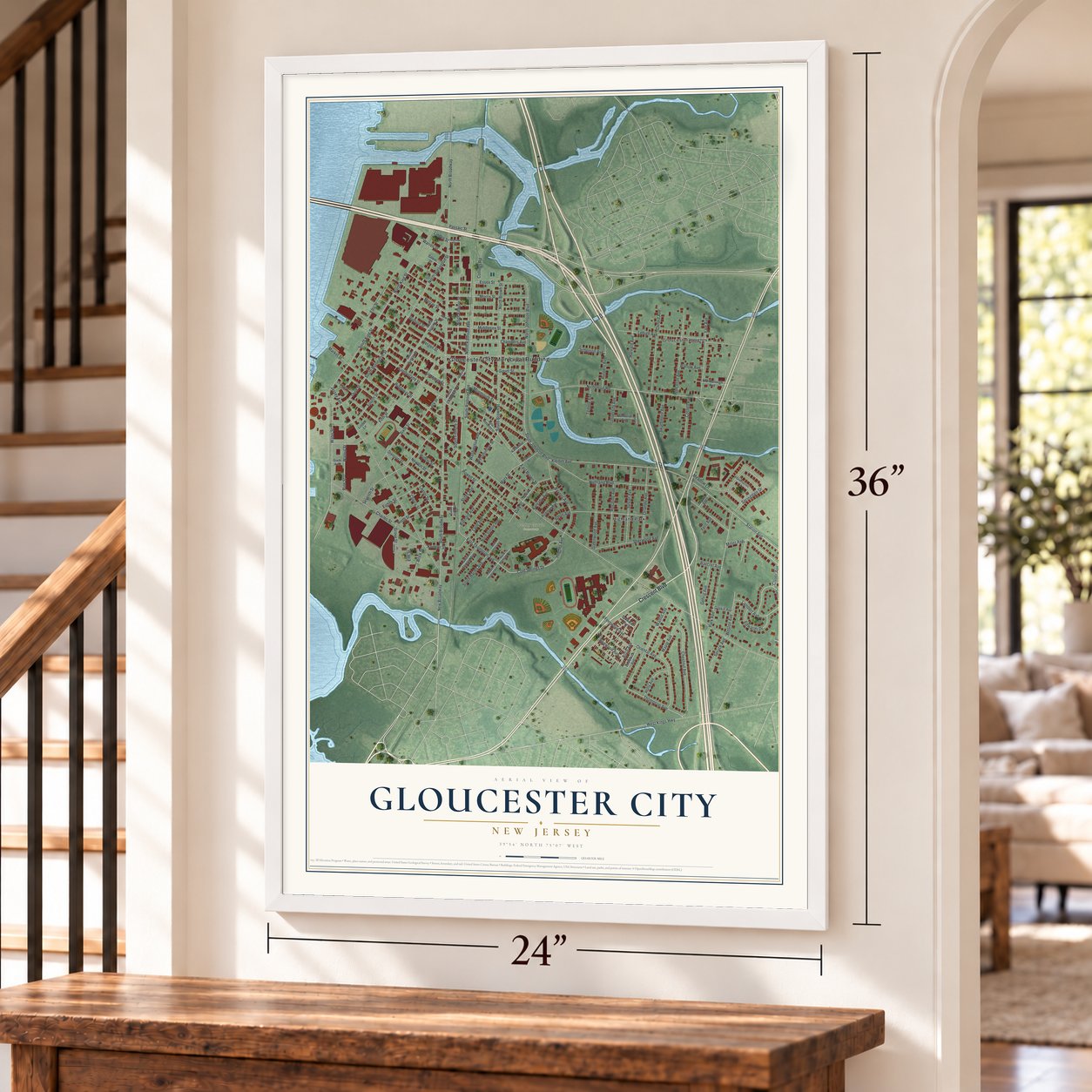 Gloucester City, New Jersey map, 24 x 36 inch print in a white frame by a staircase