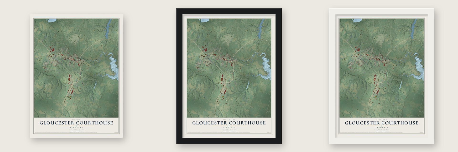 Gloucester Courthouse, Virginia map unframed, in a black wood frame and in a white wood frame
