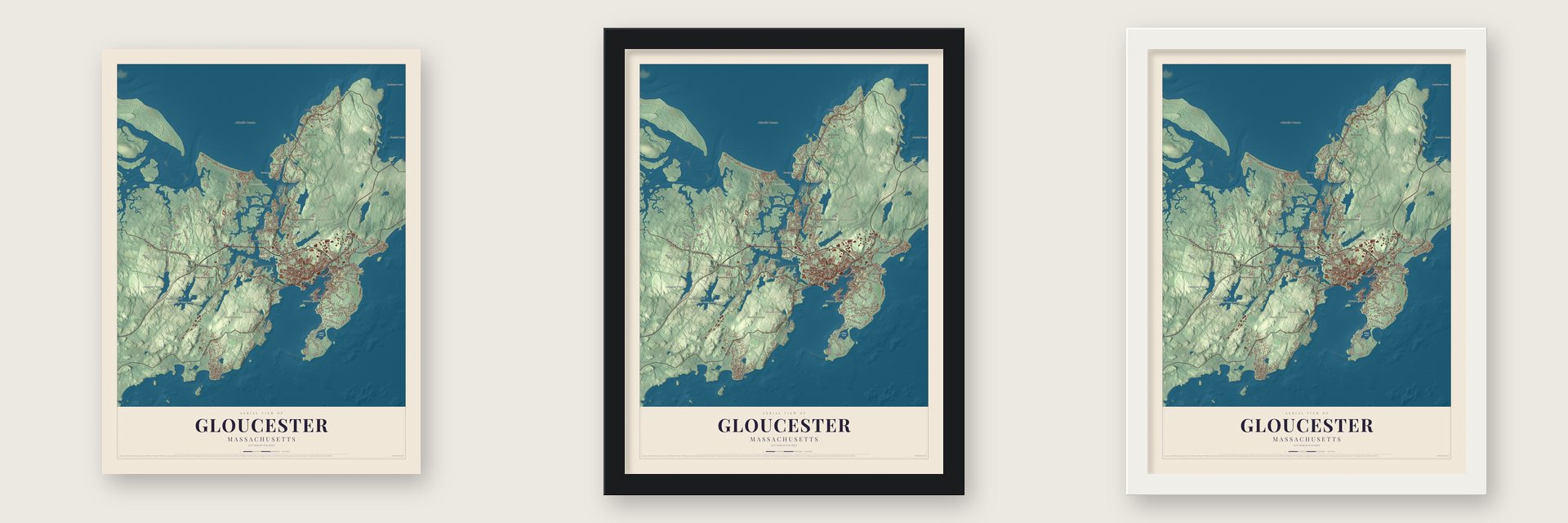 Gloucester, Massachusetts map unframed, in a black wood frame and in a white wood frame