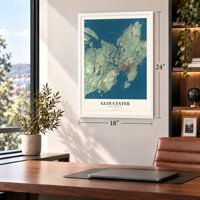 Gloucester, Massachusetts map, 18 x 24 inch print in a white frame in a home office