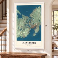 Gloucester, Massachusetts map, 24 x 36 inch print in a white frame by a staircase