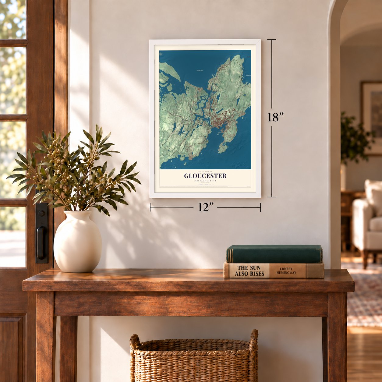 Gloucester, Massachusetts map, 12 x 18 inch print in a white frame in an entryway