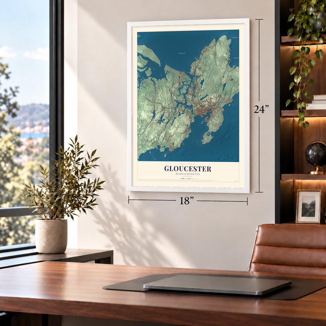 Gloucester, Massachusetts map, 18 x 24 inch print in a white frame in a home office