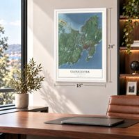 Gloucester, Massachusetts map, 18 x 24 inch print in a white frame in a home office
