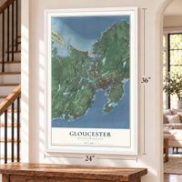 Gloucester, Massachusetts map, 24 x 36 inch print in a white frame by a staircase