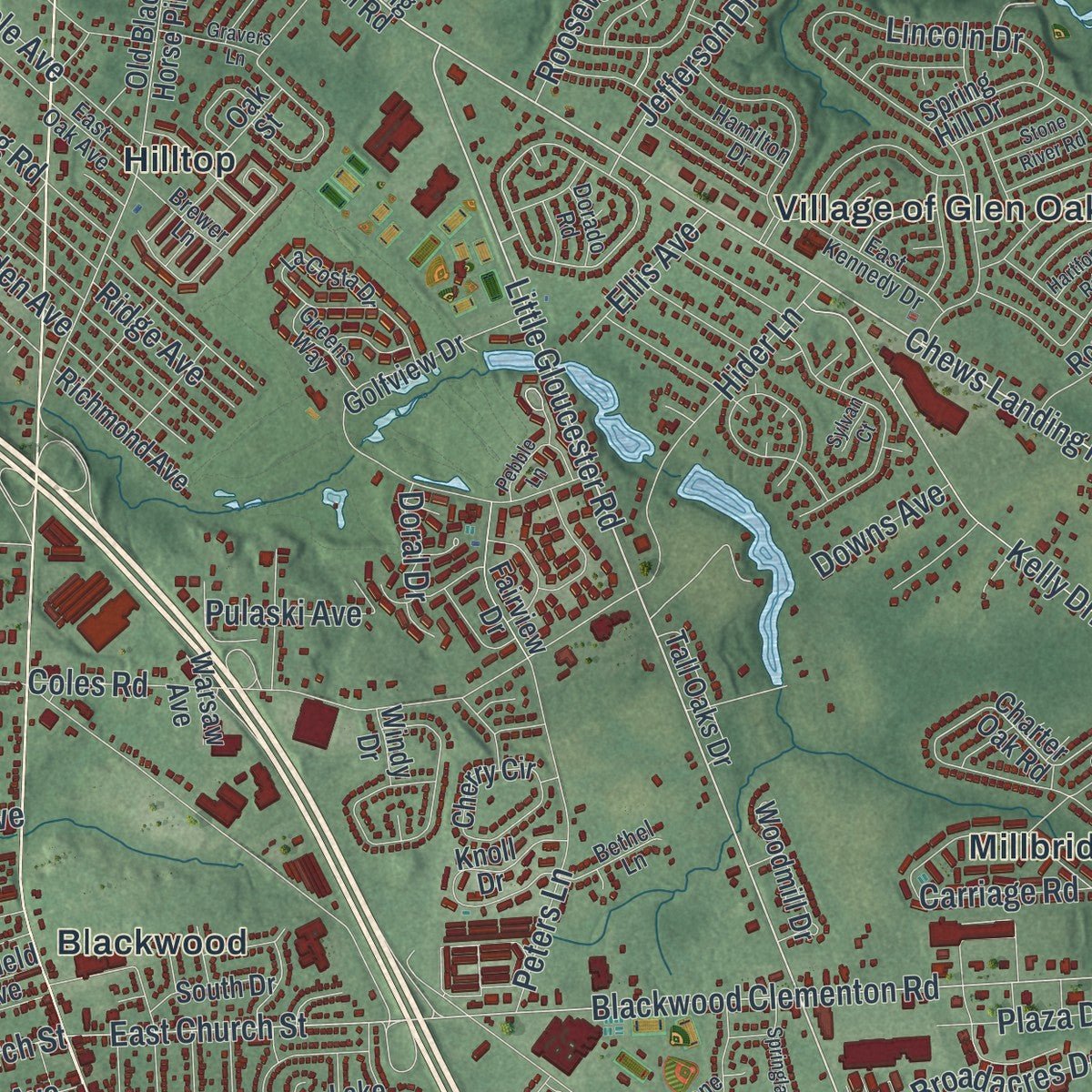 Second close-up of the map of Gloucester, New Jersey print showing more streets and buildings