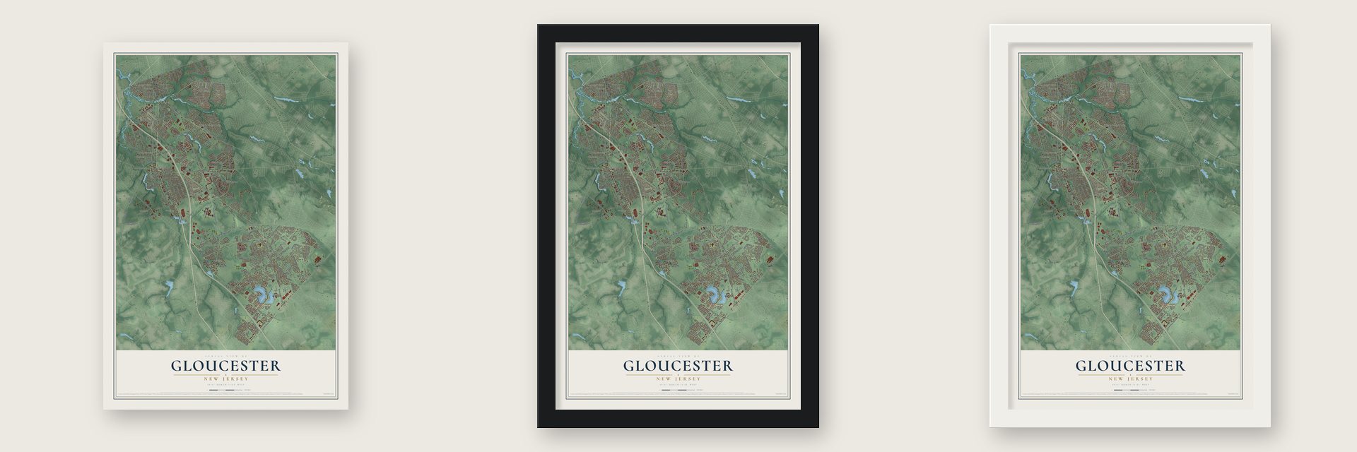 Gloucester, New Jersey map unframed, in a black wood frame and in a white wood frame