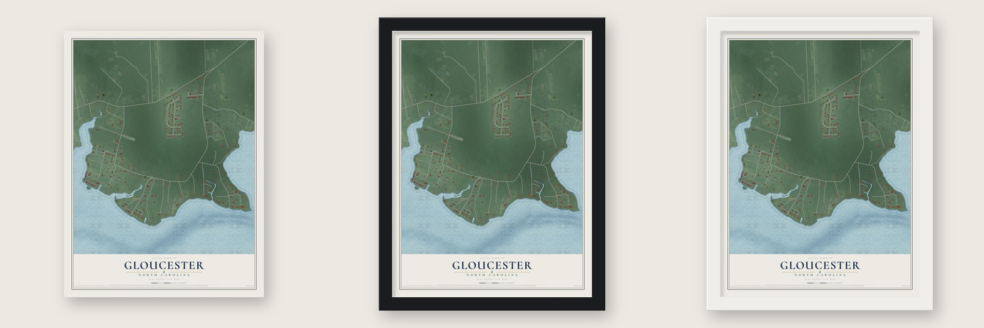Gloucester, North Carolina map unframed, in a black wood frame and in a white wood frame
