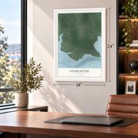 Gloucester, North Carolina map, 18 x 24 inch print in a white frame in a home office