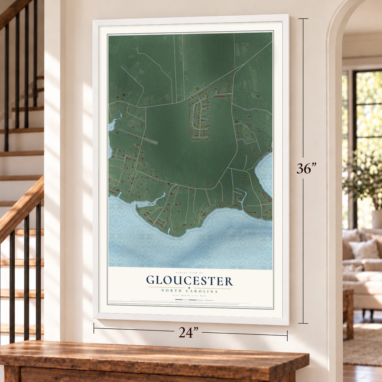 Gloucester, North Carolina map, 24 x 36 inch print in a white frame by a staircase