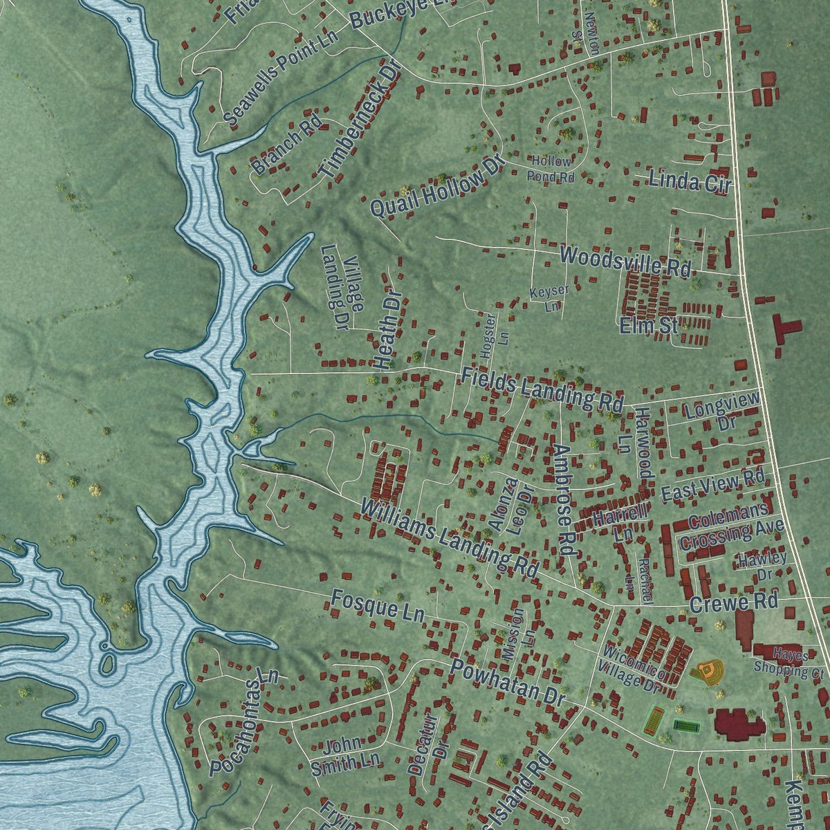 Second close-up of the map of Gloucester Point, Virginia print showing more streets and buildings