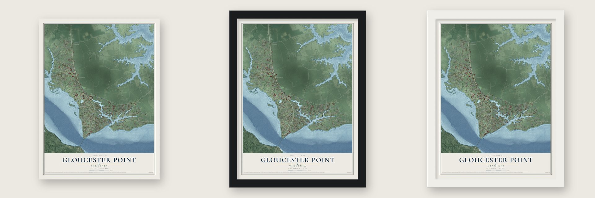 Gloucester Point, Virginia map unframed, in a black wood frame and in a white wood frame