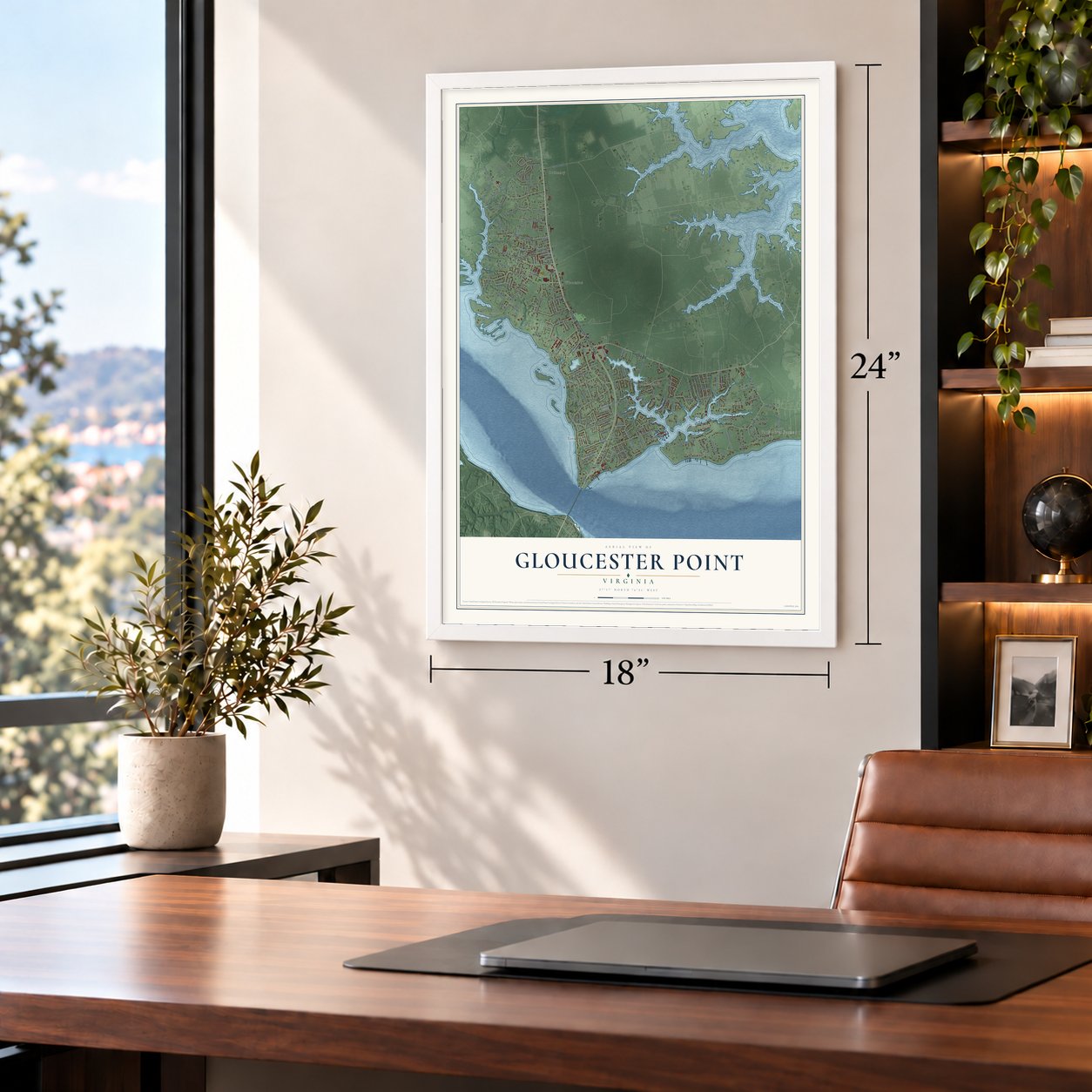 Gloucester Point, Virginia map, 18 x 24 inch print in a white frame in a home office