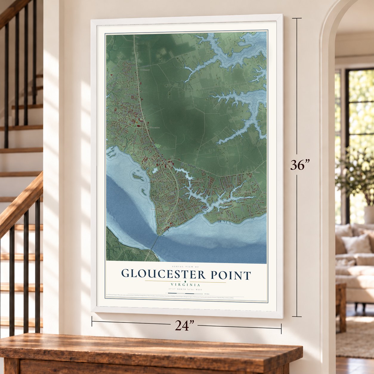 Gloucester Point, Virginia map, 24 x 36 inch print in a white frame by a staircase