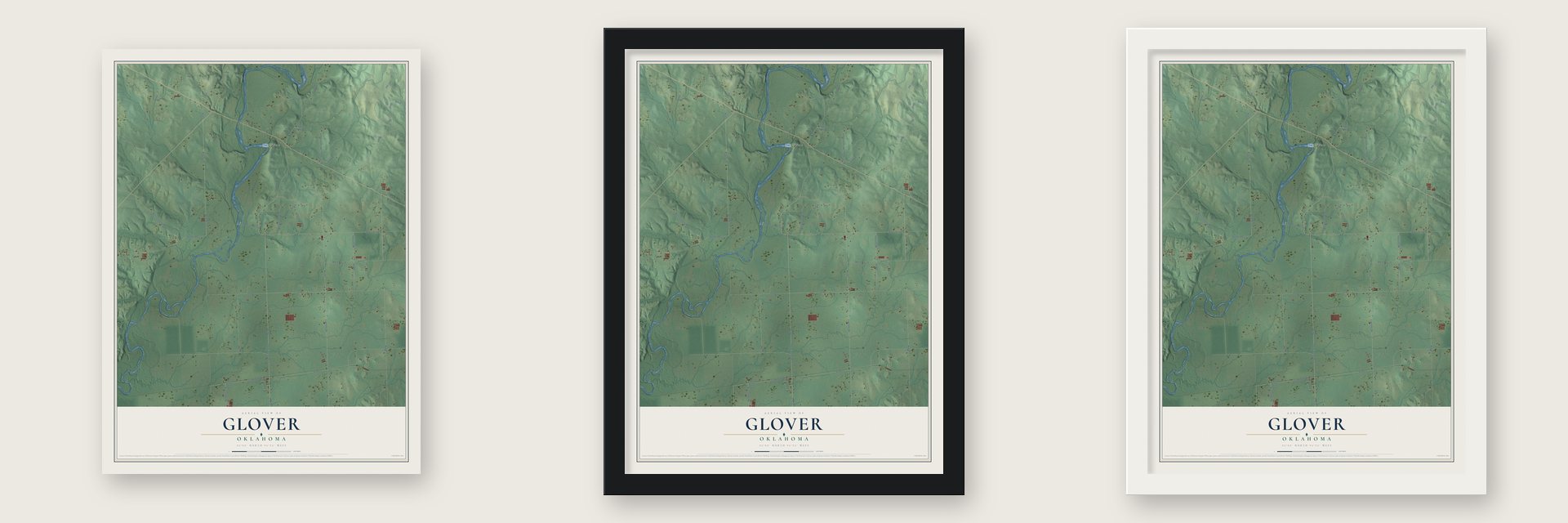 Glover, Oklahoma map unframed, in a black wood frame and in a white wood frame