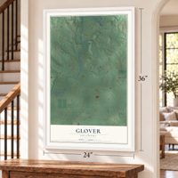 Glover, Oklahoma map, 24 x 36 inch print in a white frame by a staircase