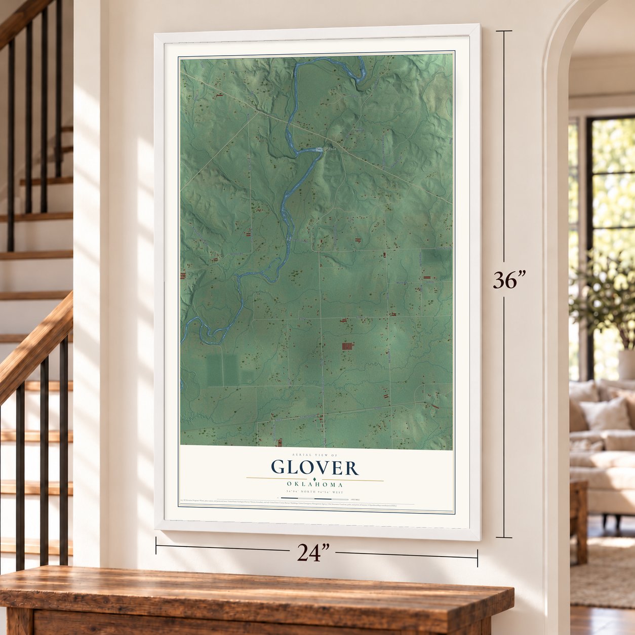 Glover, Oklahoma map, 24 x 36 inch print in a white frame by a staircase