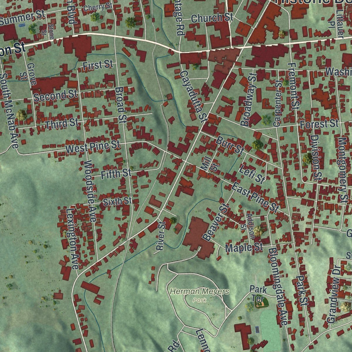 Second close-up of the map of Gloversville, New York print showing more streets and buildings