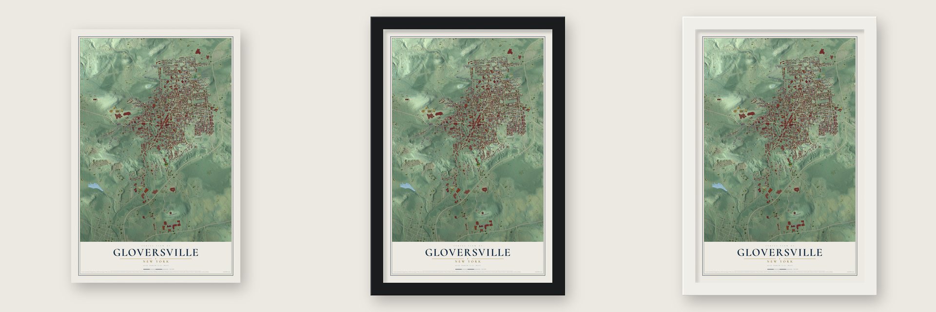 Gloversville, New York map unframed, in a black wood frame and in a white wood frame