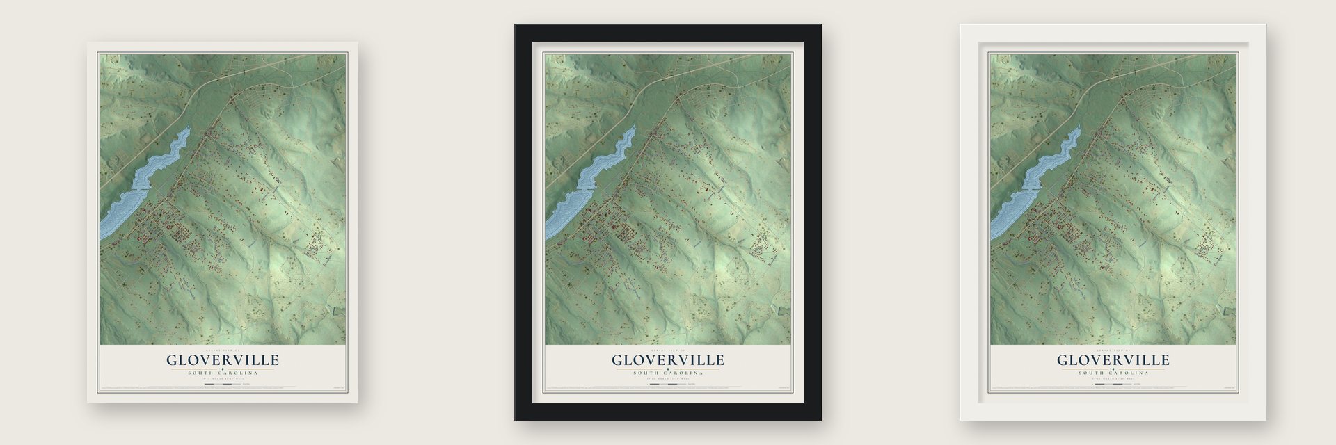 Gloverville, South Carolina map unframed, in a black wood frame and in a white wood frame