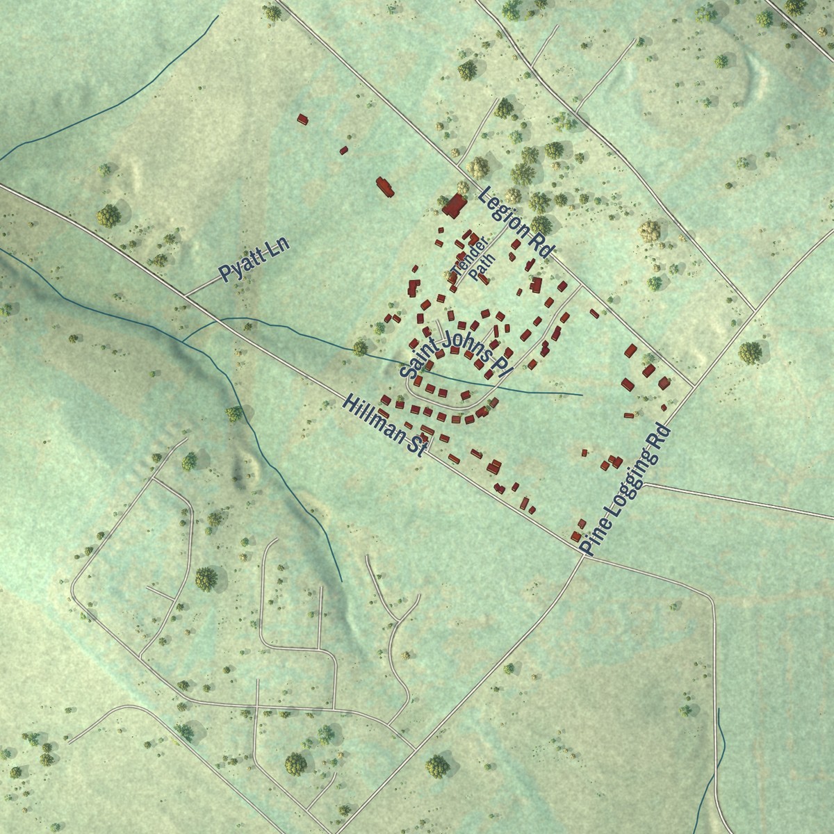 Second close-up of the map of Gloverville, South Carolina print showing more streets and buildings