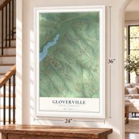 Gloverville, South Carolina map, 24 x 36 inch print in a white frame by a staircase