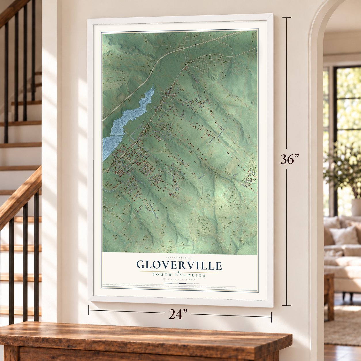 Gloverville, South Carolina map, 24 x 36 inch print in a white frame by a staircase