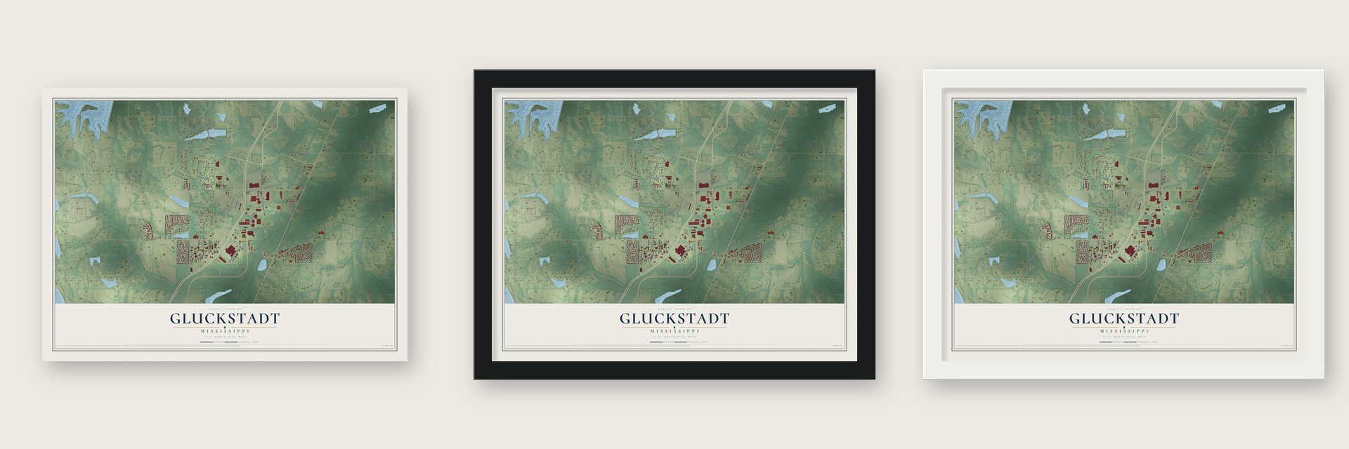 Gluckstadt, Mississippi map unframed, in a black wood frame and in a white wood frame