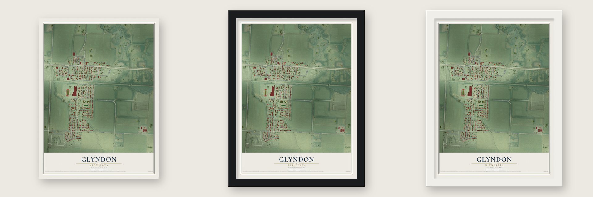 Glyndon, Minnesota map unframed, in a black wood frame and in a white wood frame