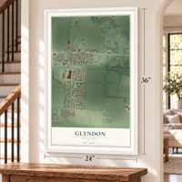 Glyndon, Minnesota map, 24 x 36 inch print in a white frame by a staircase