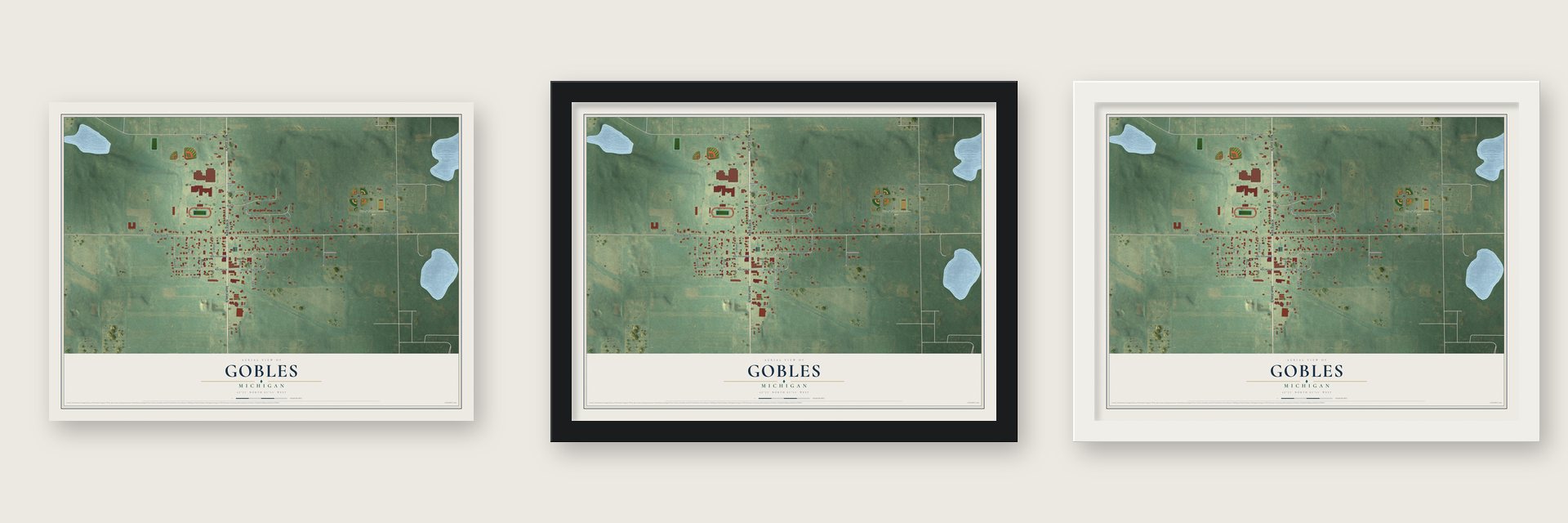 Gobles, Michigan map unframed, in a black wood frame and in a white wood frame