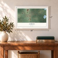 Gobles, Michigan map, 12 x 18 inch print in a white frame in an entryway